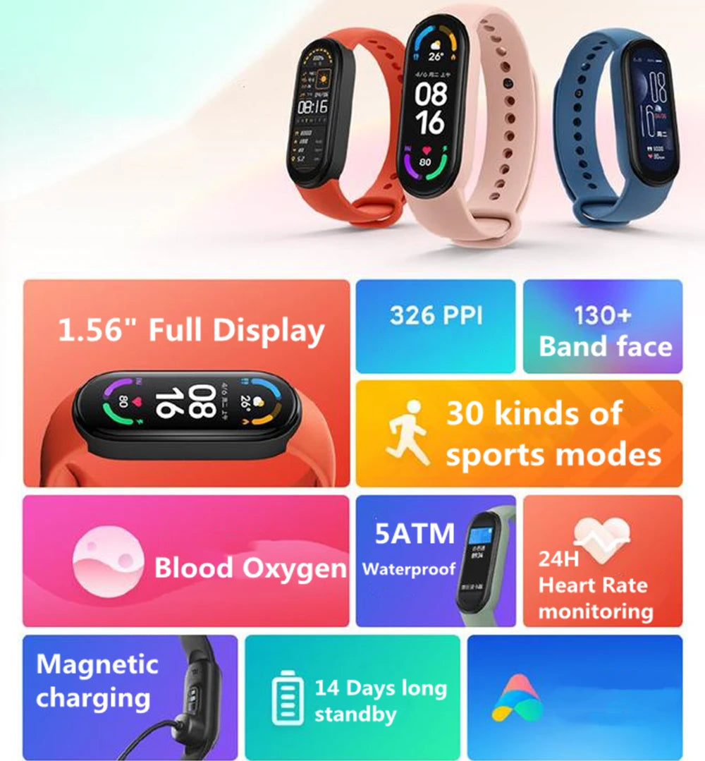Mi Band 6 Smart Wristband AMOLED Blood Oxygen Fitness Traker Heart Rate Bluetooth Waterproof Miband 5